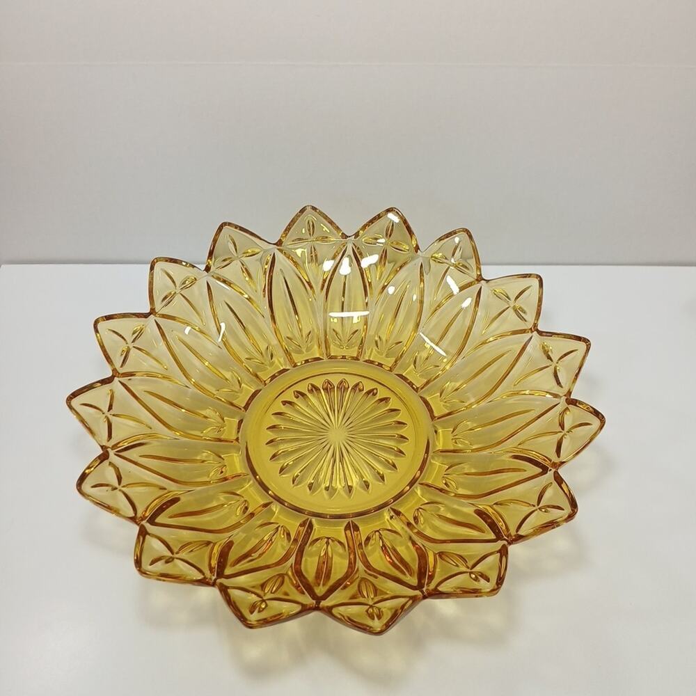 Vintage Federal Glass Flower Sunflower Petal Bowl Large Yellow Amber - Picture 8 of 16